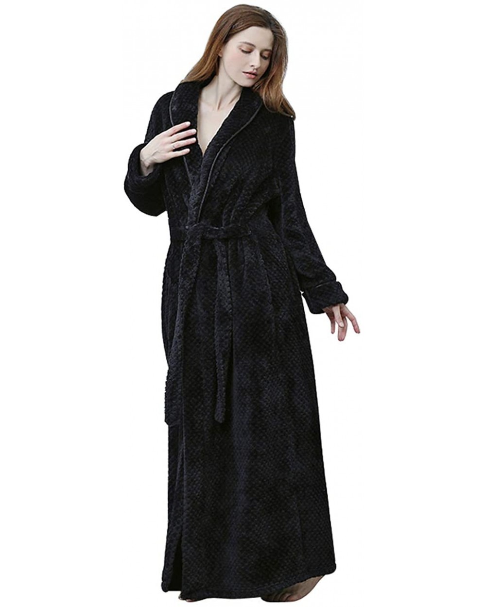 Extended Flannel Warm Coral Plaid Bathrobe Pajamas - Black-women - CC1932COSK4 $57.41 Robes