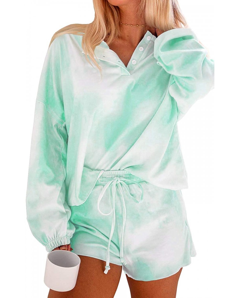 Women's 2 Piece Tie Dye Sweatsuit Set Long Sleeve Jumpsuit Soft Pullover Drawstring Shorts Set - Green - C119DNYID4G $37.32 Sets