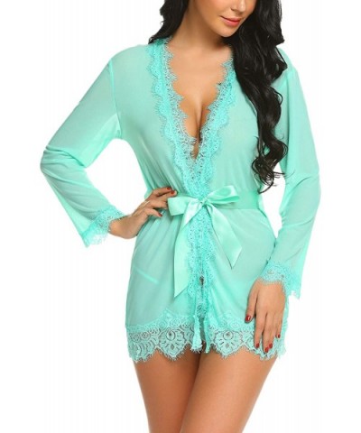 Sexy Lace Robe Kimono Mesh Nightgown Babydoll Lingerie Set - Green - CR183O3T8ZU $26.77 Baby Dolls & Chemises