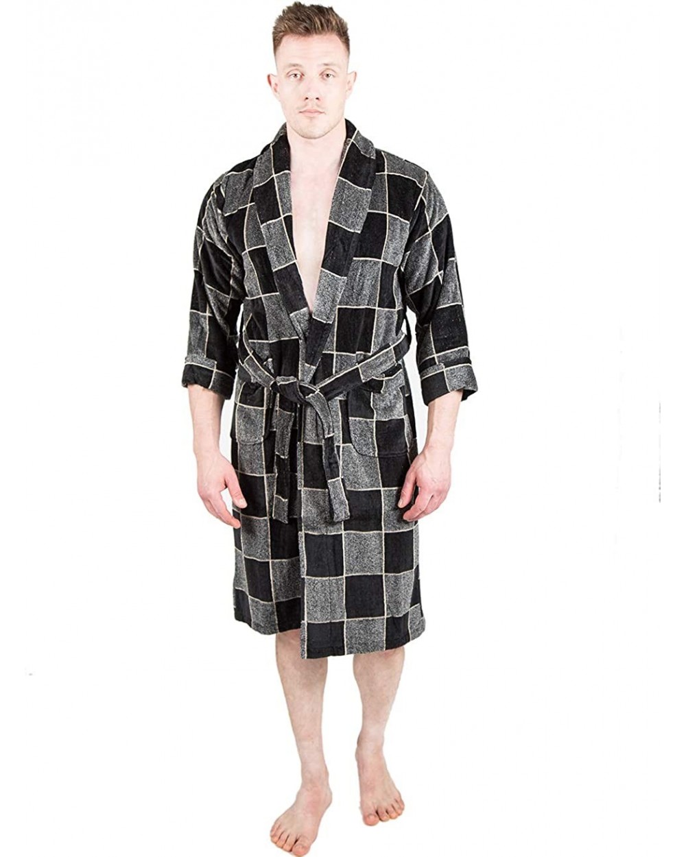 Mens Bathrobe Terry Cloth Plaid Spa Robe 100% Natural Cotton - Grey 1 - CG18WDYG0WO $64.03 Robes