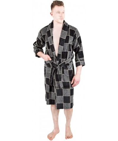 Mens Bathrobe Terry Cloth Plaid Spa Robe 100% Natural Cotton - Grey 1 - CG18WDYG0WO $64.03 Robes