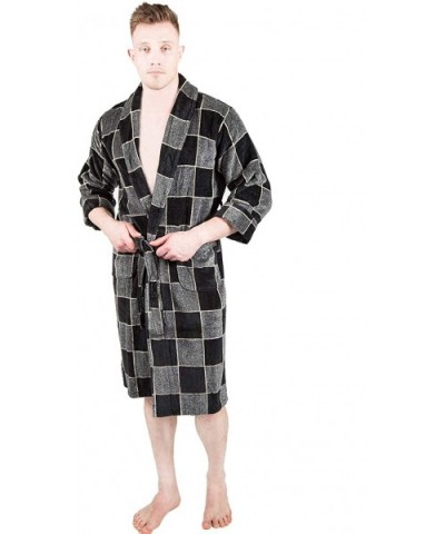 Mens Bathrobe Terry Cloth Plaid Spa Robe 100% Natural Cotton - Grey 1 - CG18WDYG0WO $64.03 Robes