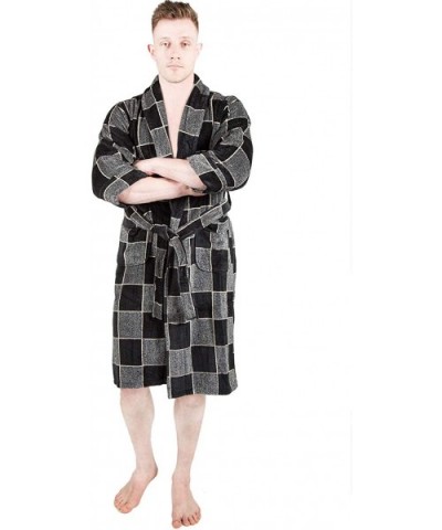 Mens Bathrobe Terry Cloth Plaid Spa Robe 100% Natural Cotton - Grey 1 - CG18WDYG0WO $64.03 Robes