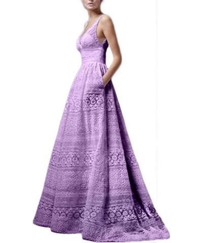 Ladies Party Long Dresses Summer Fashion V-Neck Sleeveless Cutout High Waist Sexy Hollow Evening Dress Pocket - Purple - CR18...