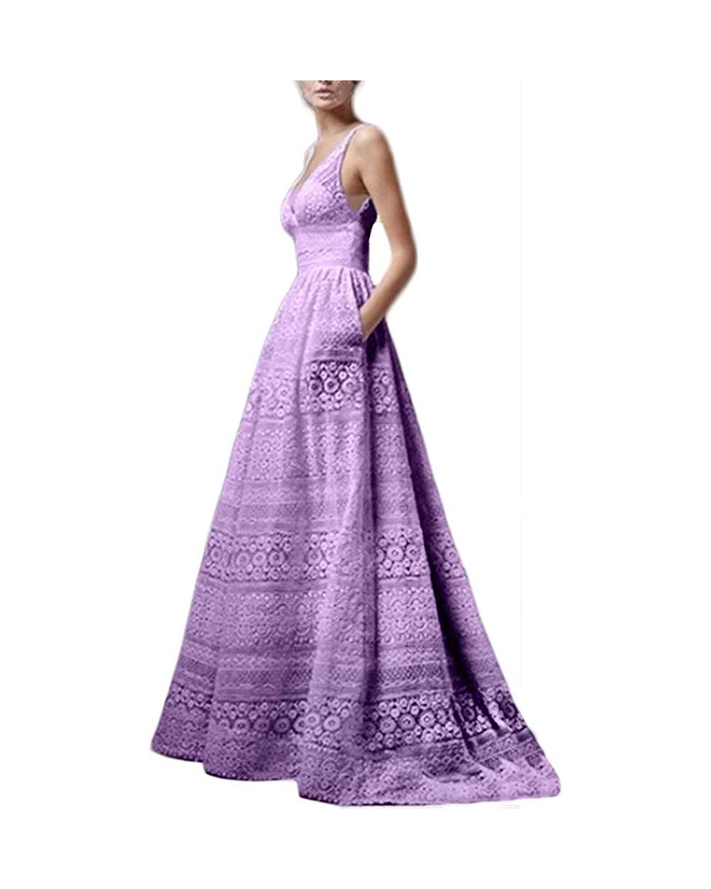 Ladies Party Long Dresses Summer Fashion V-Neck Sleeveless Cutout High Waist Sexy Hollow Evening Dress Pocket - Purple - CR18...