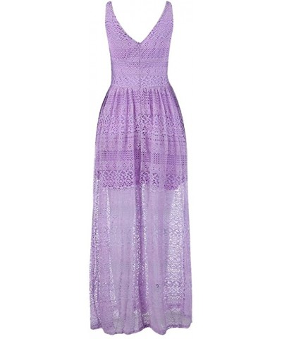 Ladies Party Long Dresses Summer Fashion V-Neck Sleeveless Cutout High Waist Sexy Hollow Evening Dress Pocket - Purple - CR18...