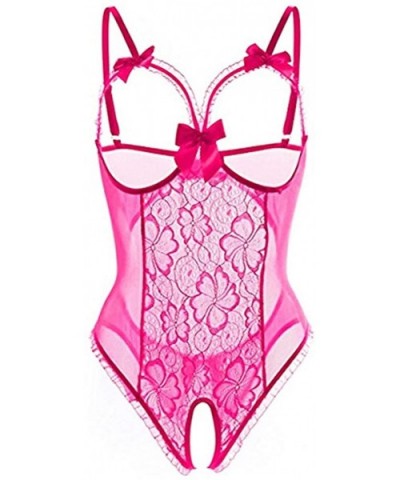 Women's Lace Teddy Lingerie Bodysuit Sexy Perspective Naughty Deep Plunge One Piece Babydoll Nightwear - Hot Pink - CT193NCOH...