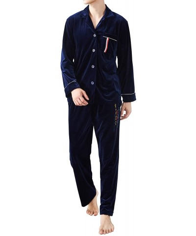 Men's Flannel Leisure Homewear Thick Coral Velvet Pajamas Suit - Navy Blue - CT192HAUXOI $53.15 Sleep Sets
