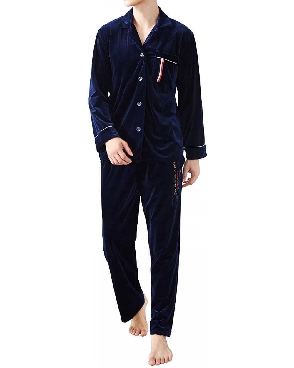 Men's Flannel Leisure Homewear Thick Coral Velvet Pajamas Suit - Navy Blue - CT192HAUXOI $53.15 Sleep Sets