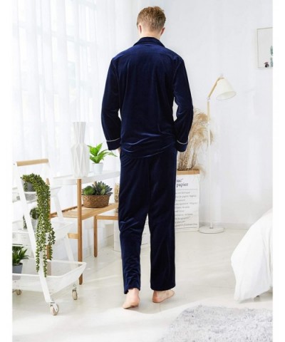 Men's Flannel Leisure Homewear Thick Coral Velvet Pajamas Suit - Navy Blue - CT192HAUXOI $53.15 Sleep Sets