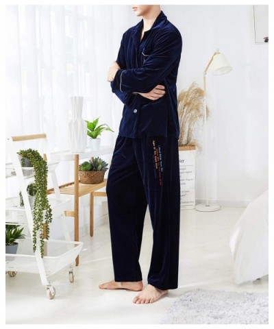 Men's Flannel Leisure Homewear Thick Coral Velvet Pajamas Suit - Navy Blue - CT192HAUXOI $53.15 Sleep Sets