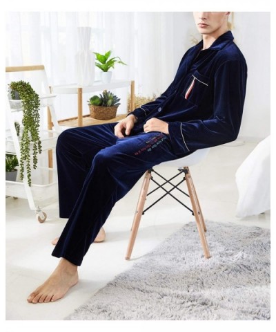 Men's Flannel Leisure Homewear Thick Coral Velvet Pajamas Suit - Navy Blue - CT192HAUXOI $53.15 Sleep Sets