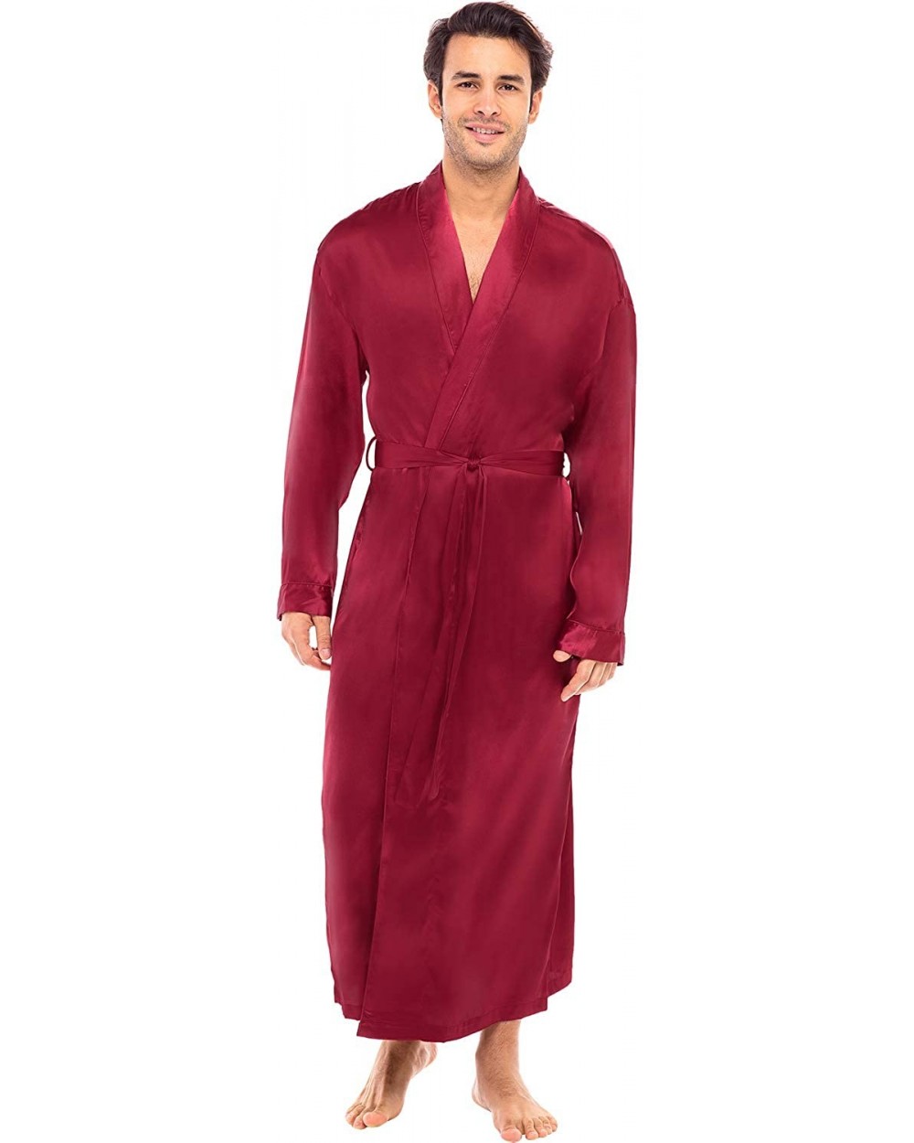 Men's Lightweight Satin Robe- Long Kimono - Burgundy - CA18SRO9HZX $55.78 Robes