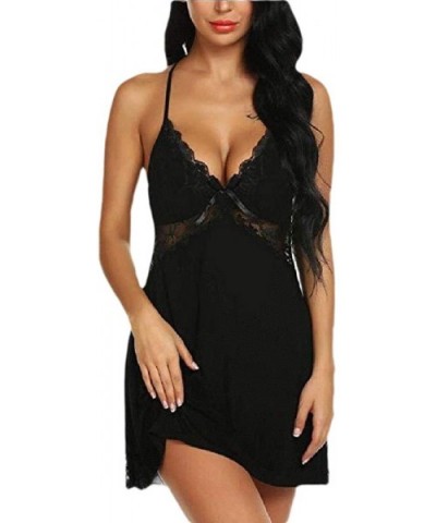 Women's Lingerie Sleepwear Dress Lace V Neck Nightwear Chemise Babydoll - Black - CG198HDOKNI $37.04 Baby Dolls & Chemises