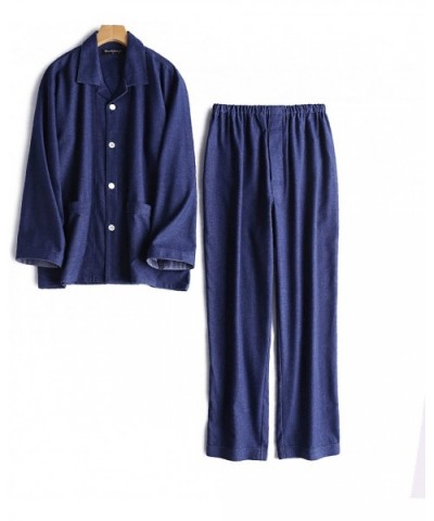 Men's Button-Up Long Sleeve Pajamas-Long Sleeve Pajamas Flannel Cotton Solid Pajama Set - Blue - C718HAN7O4O $54.75 Sleep Sets