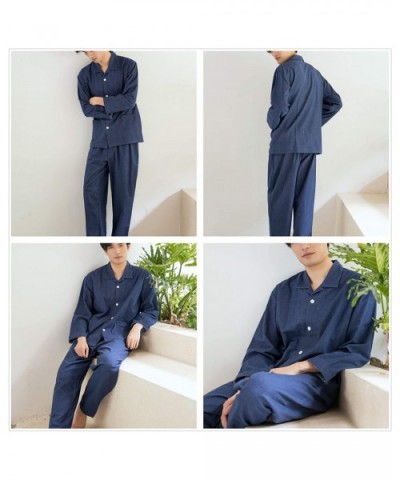 Men's Button-Up Long Sleeve Pajamas-Long Sleeve Pajamas Flannel Cotton Solid Pajama Set - Blue - C718HAN7O4O $54.75 Sleep Sets