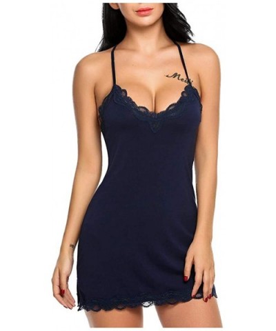 Women's Nightwear Sexy Satin Sleepwear Lace Chemises Mini Full Slip - Navy - CO19849DKMS $19.46 Accessories