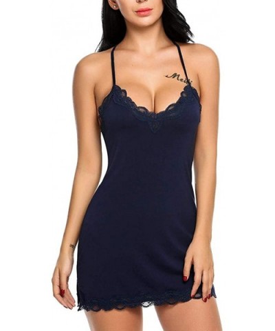 Women's Nightwear Sexy Satin Sleepwear Lace Chemises Mini Full Slip - Navy - CO19849DKMS $19.46 Accessories