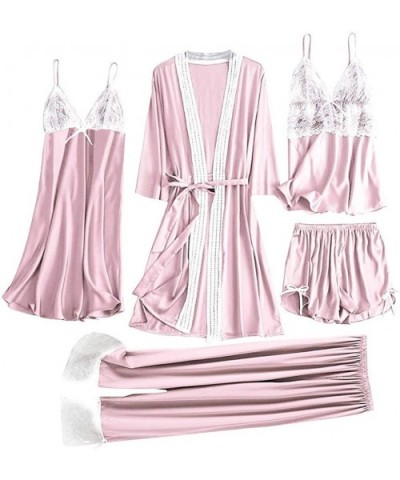 5 Pc Sleepwear Outfit for Women-Sexy Pajamas Set Include Lace Patchwork Robes Chemise Camisole Shorts and Sleep Pants - Pink ...