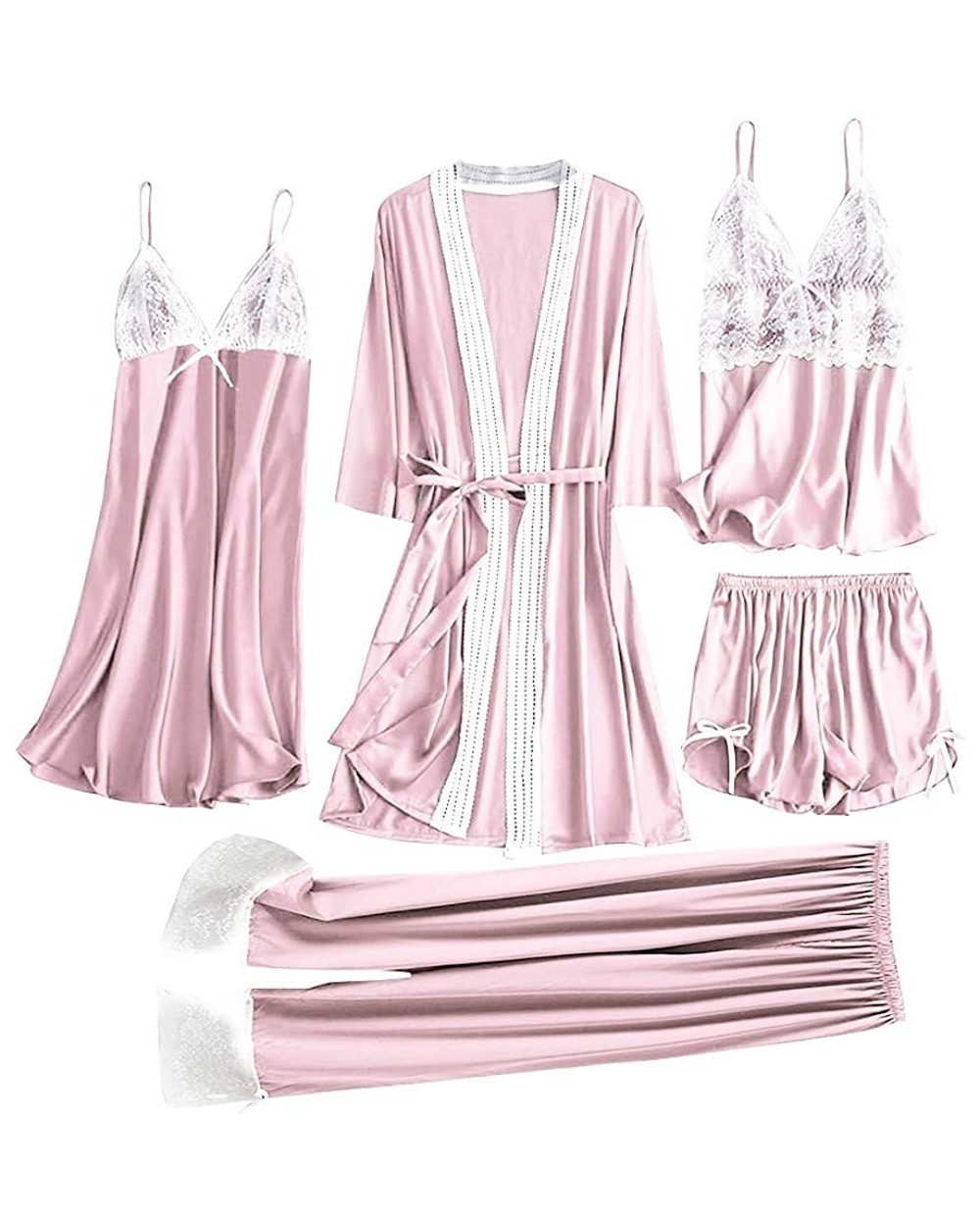 5 Pc Sleepwear Outfit for Women-Sexy Pajamas Set Include Lace Patchwork Robes Chemise Camisole Shorts and Sleep Pants - Pink ...