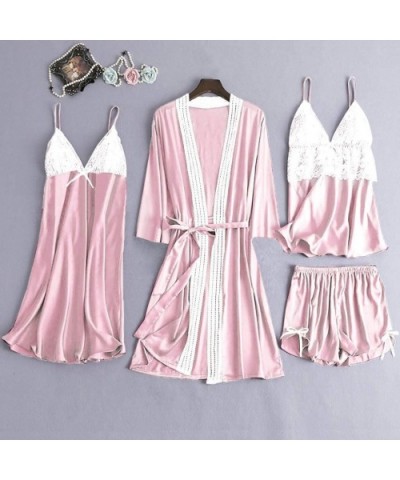 5 Pc Sleepwear Outfit for Women-Sexy Pajamas Set Include Lace Patchwork Robes Chemise Camisole Shorts and Sleep Pants - Pink ...