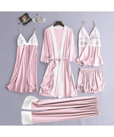 5 Pc Sleepwear Outfit for Women-Sexy Pajamas Set Include Lace Patchwork Robes Chemise Camisole Shorts and Sleep Pants - Pink ...