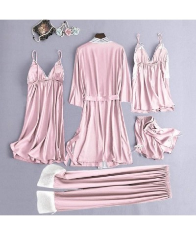 5 Pc Sleepwear Outfit for Women-Sexy Pajamas Set Include Lace Patchwork Robes Chemise Camisole Shorts and Sleep Pants - Pink ...