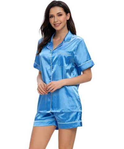 Women's Satin Button Down Short Sleeve Sleepwear Two Piece Pajama Set - Blue - CP19C4UG2CH $36.96 Sets