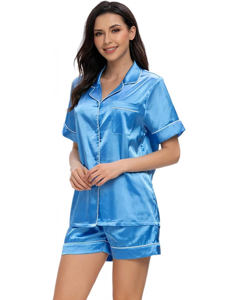 Women's Satin Button Down Short Sleeve Sleepwear Two Piece Pajama Set - Blue - CP19C4UG2CH $36.96 Sets