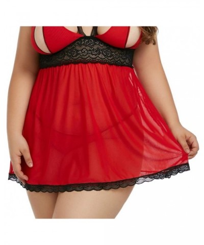 Sexy Plus Size Luxury Satin Lingerie Silk Babydoll Dress Set 1-5X - Cchristmas Red Peek-a-boo Split Cup - CW18O07NIRH $30.83 ...