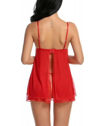 Women's Sexy Lingerie Set Halter Lace Strap Chemise Babydoll Sleepwear S-XXL - Red - CR188T5ZOZO $17.30 Baby Dolls & Chemises