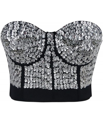 Women's Burlesque Fashion Beaded Sequins Push Up Crop Top Bustier Bra - Silver - CP11OEZWT8P $50.65 Bras