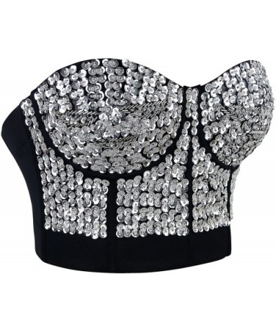 Women's Burlesque Fashion Beaded Sequins Push Up Crop Top Bustier Bra - Silver - CP11OEZWT8P $50.65 Bras