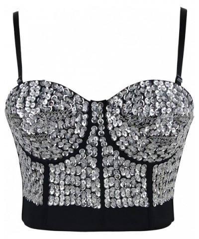 Women's Burlesque Fashion Beaded Sequins Push Up Crop Top Bustier Bra - Silver - CP11OEZWT8P $50.65 Bras