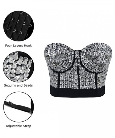 Women's Burlesque Fashion Beaded Sequins Push Up Crop Top Bustier Bra - Silver - CP11OEZWT8P $50.65 Bras