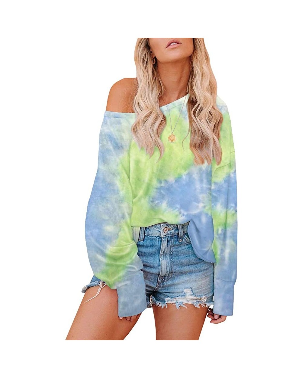 Womens Tie Dye Printed Sweatshirts One Shoulder Long Sleeve Round Neck Casual Pajamas Loungewear - Green - CA19D3LIMM3 $27.93...