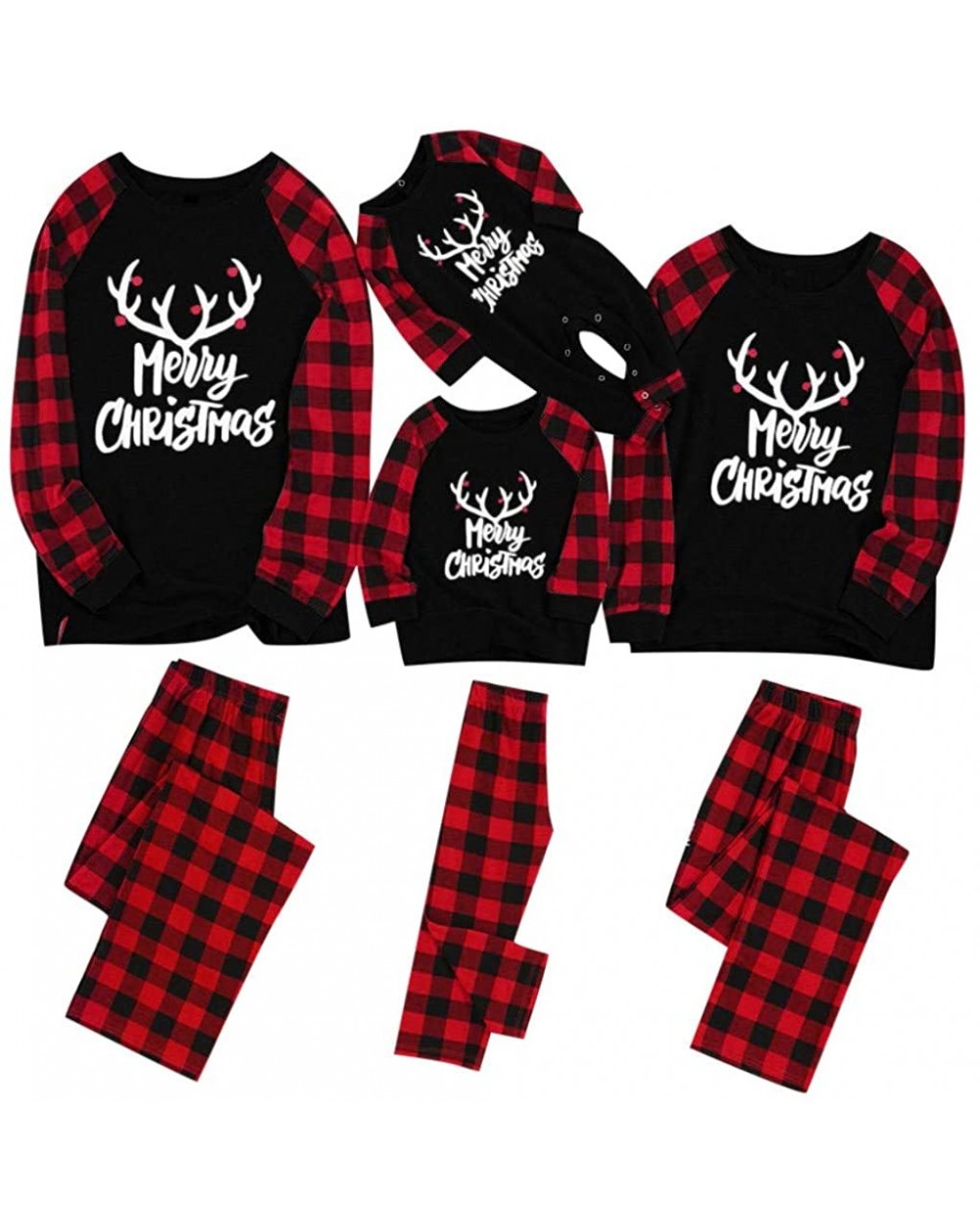 Matching Family Pajamas Set - Merry Christmas Letter Printed Lattice Sleepwear - Women Men Child Pajamas Pjs Sets - Kids-blac...