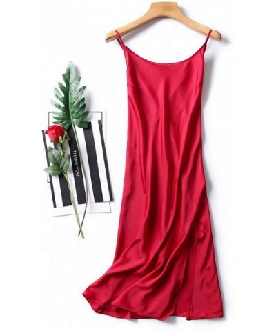 Ladies Sexy Night Dress Cross The Back Imitation Silk Satin Sleeveless Nighties V-Neck Nightgown Sleepwear for Women - WINE R...