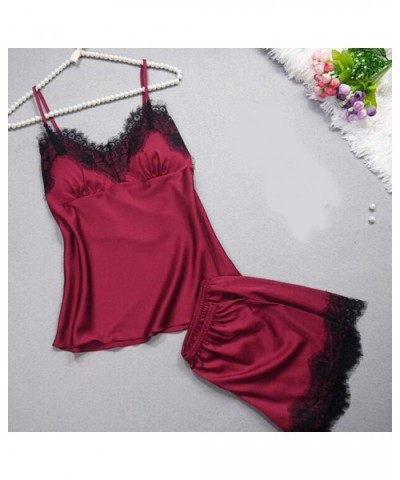 Lace Women Satin Sleepwear Women Pajama Sexy Lingerie Nightwear Summer Tops Night Suit Femme - Wine - CJ18RQMQQ2I $42.40 Sets