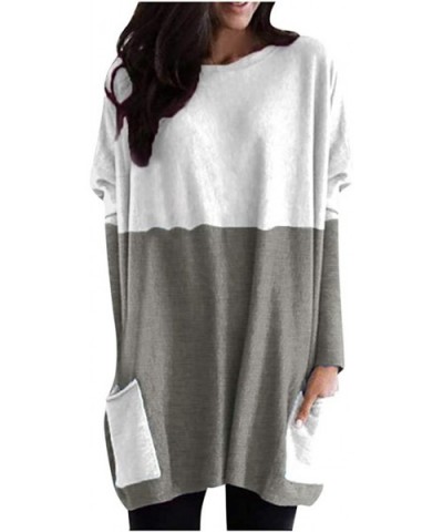 Women Fashion Casual Long Sleeve Patchwork Pockets O-Neck Loose Cotton Tops - Dark Gray - CA192E2OKTS $23.54 Tops