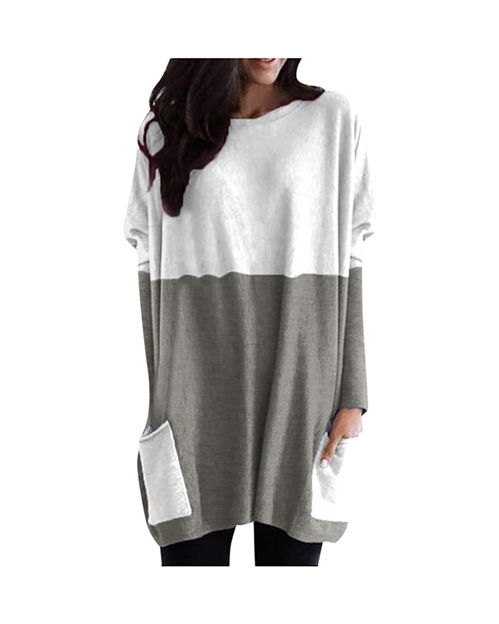 Women Fashion Casual Long Sleeve Patchwork Pockets O-Neck Loose Cotton Tops - Dark Gray - CA192E2OKTS $23.54 Tops