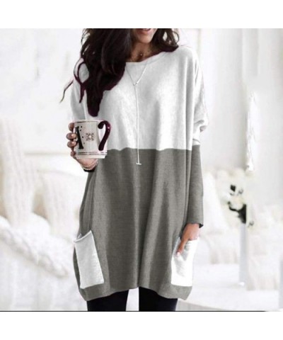 Women Fashion Casual Long Sleeve Patchwork Pockets O-Neck Loose Cotton Tops - Dark Gray - CA192E2OKTS $23.54 Tops