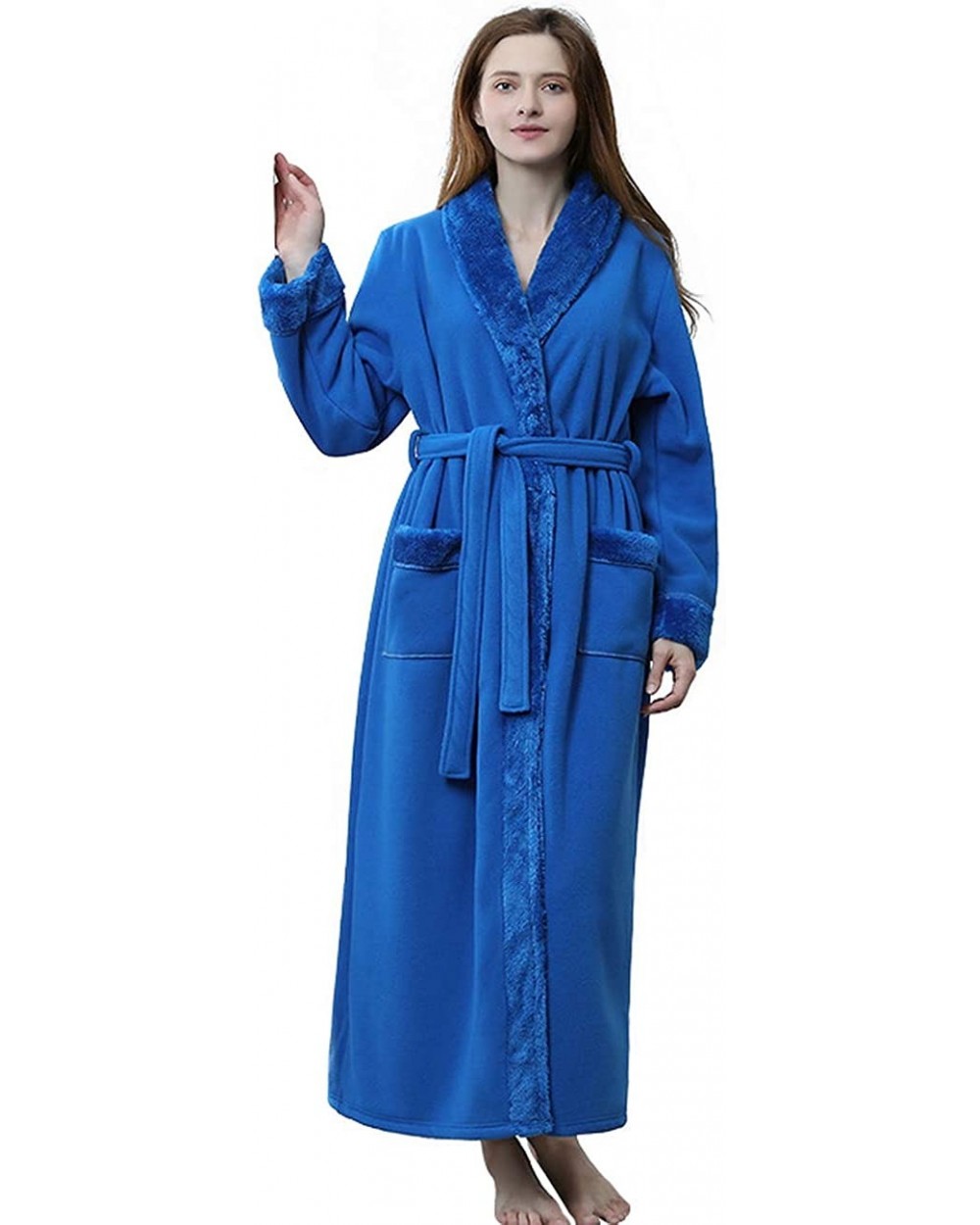 Women's Bathrobe Fall and Winter Morning Garment Flannel Spliced Robes Thickened Nightgown Cross-Border Sleepwear - Navy Blue...