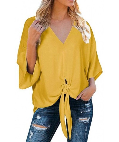 T Shirts for Women-Women Summer V Neck Tie Knot Front Bat Wing Blouse Casual Tops Shirts - Yellow - CS18SSWD2ZZ $17.05 Shapewear