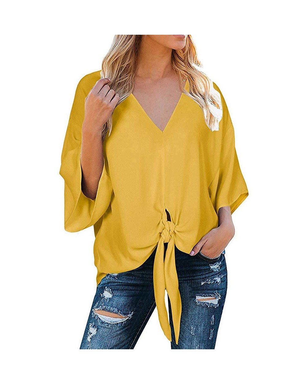 T Shirts for Women-Women Summer V Neck Tie Knot Front Bat Wing Blouse Casual Tops Shirts - Yellow - CS18SSWD2ZZ $17.05 Shapewear