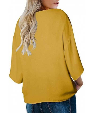 T Shirts for Women-Women Summer V Neck Tie Knot Front Bat Wing Blouse Casual Tops Shirts - Yellow - CS18SSWD2ZZ $17.05 Shapewear