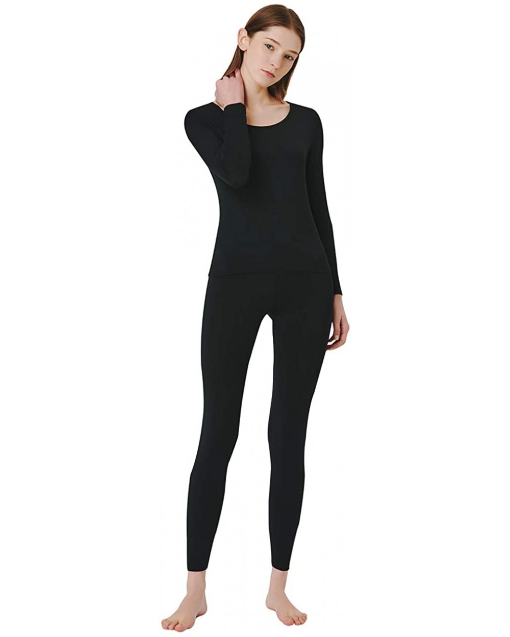 Women's Cotton Lace Crew Neck Thermal Underwear Set Lightweight Long Johns for Women - Modal- Black - CU18Z2SK8MC $20.87 Ther...