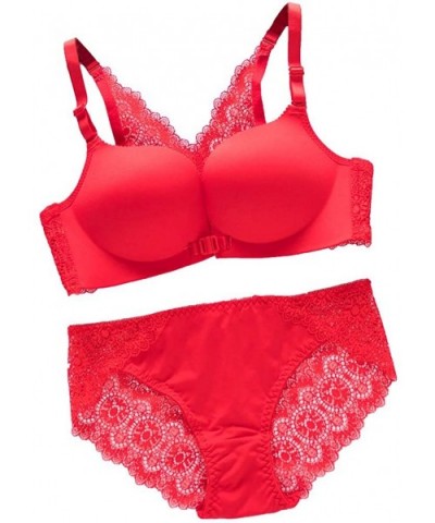 Women's Sexy Soft Glossy Lace Front Buckle No traceLingerie Set Push up Underwear Wireless Sheer Bra and Panty Set - Red Only...