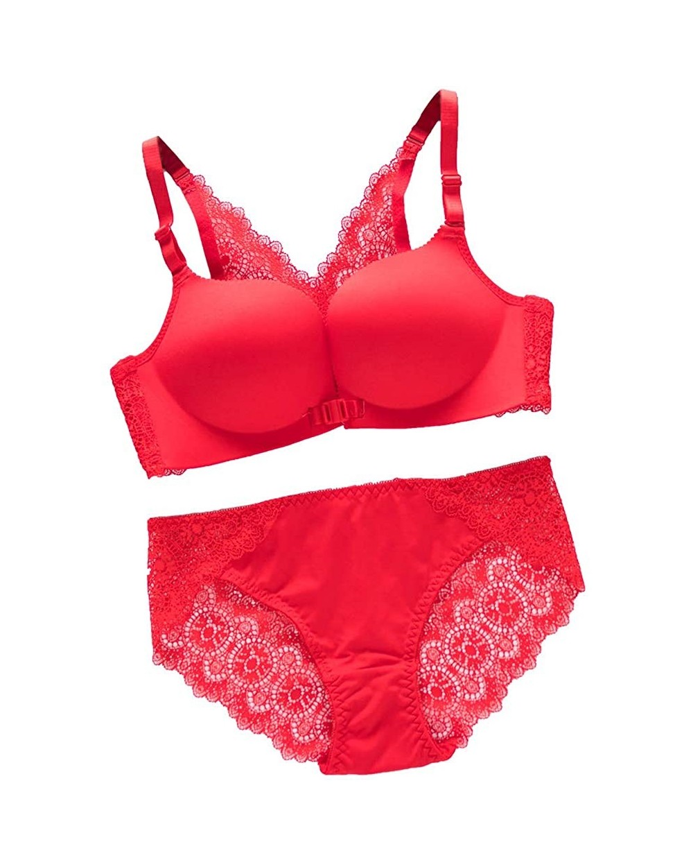 Women's Sexy Soft Glossy Lace Front Buckle No traceLingerie Set Push up Underwear Wireless Sheer Bra and Panty Set - Red Only...