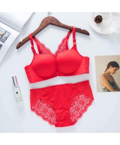 Women's Sexy Soft Glossy Lace Front Buckle No traceLingerie Set Push up Underwear Wireless Sheer Bra and Panty Set - Red Only...